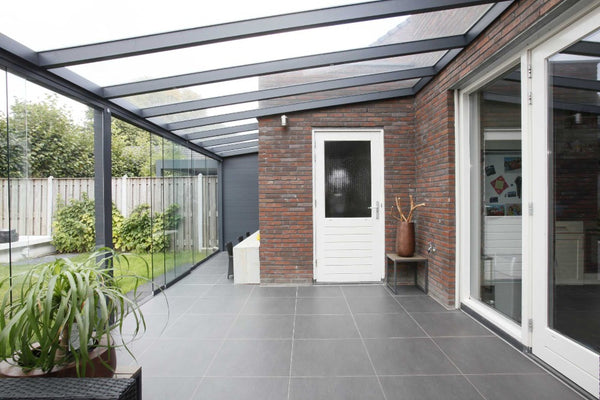 Deponti Pigato Aluminium Pergola Veranda Grey - Inside View attached to the House with Sliding Glass Doors