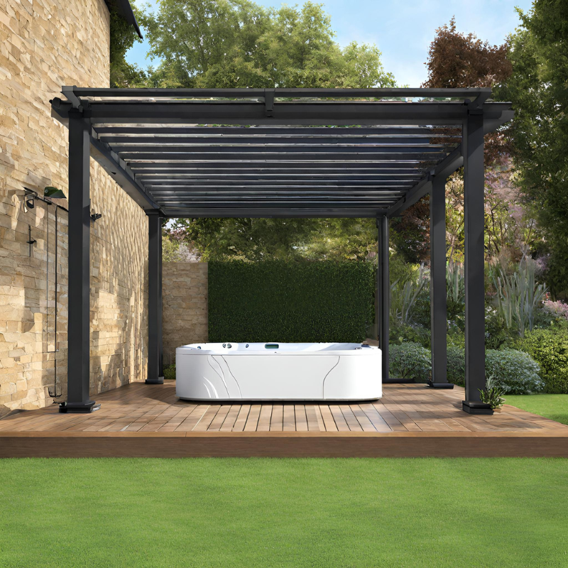 Gray Aluminium Pergola with Hot tub Inside.