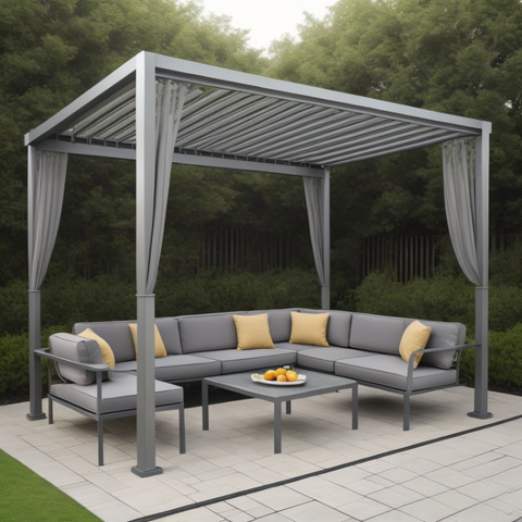 Gray Metal Pergola with Canopy with Sofa Set