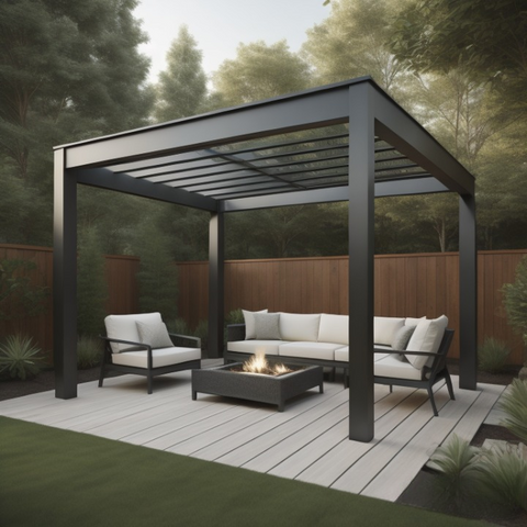 Gray Pergola kit with roof with fire pit inside
