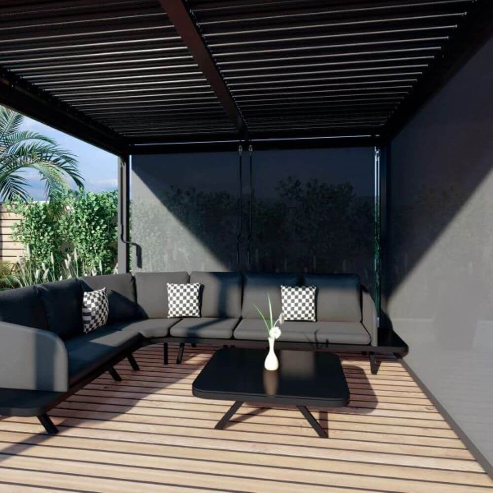 Maze Pergola with blinds down