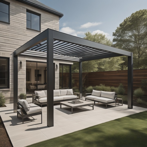 Pergola kit with roof with sofa set