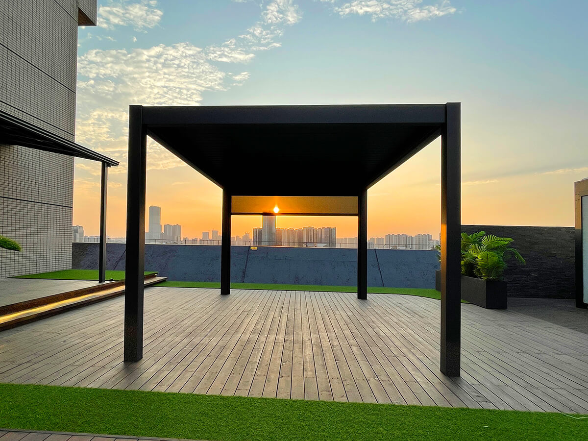 Remanso pergola on a roof top in the sunset