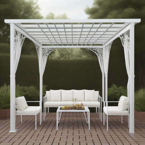 White Metal Pergola with Canopy with Sofa Set