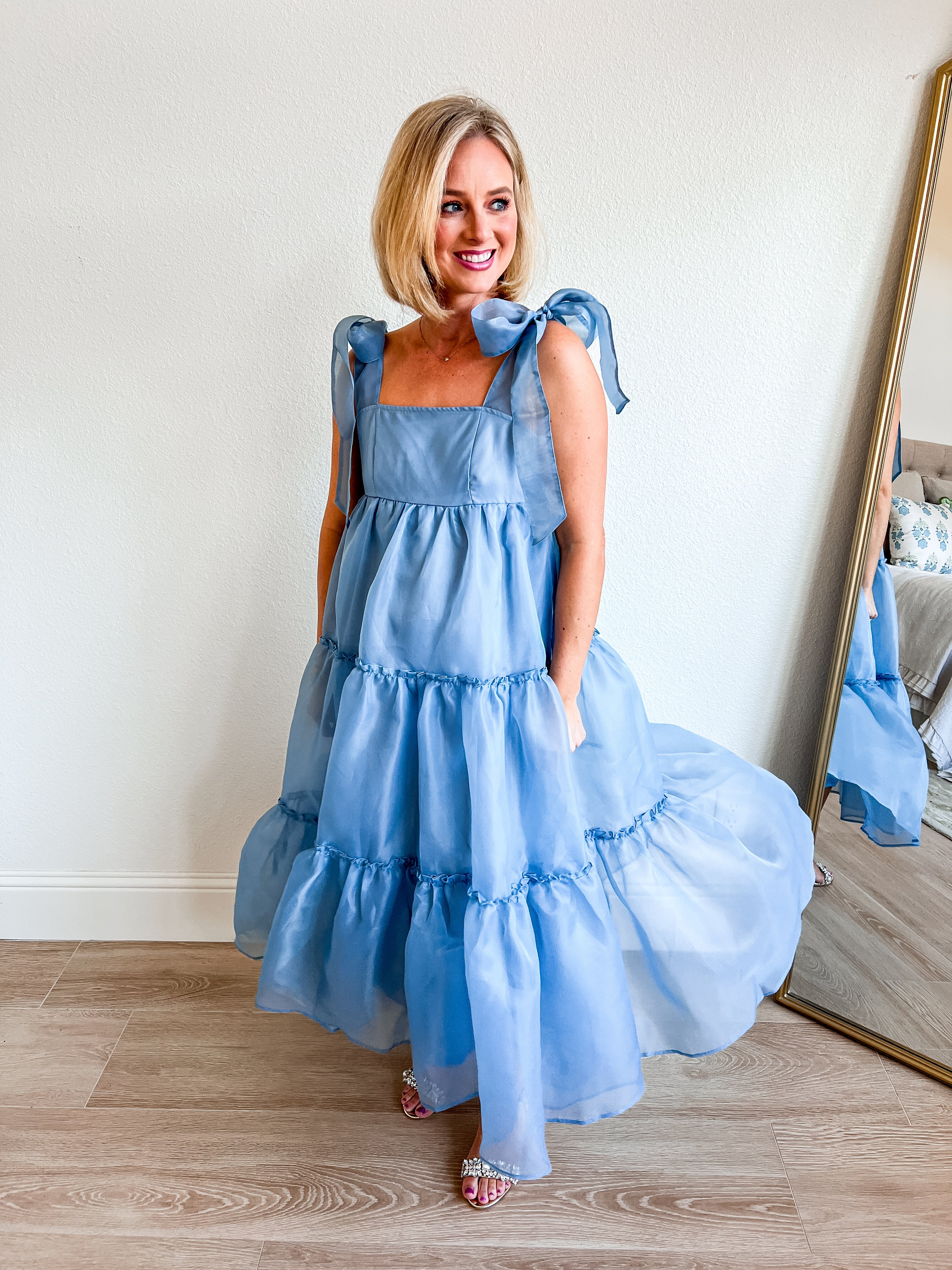 Light Blue Tiered Maxi Dress with Bow-Tie Straps