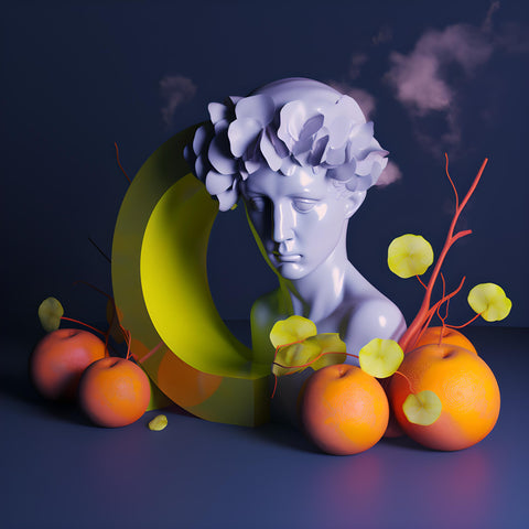 A digital artwork of a sculpture depicting a woman surrounded by oranges in a vaporwave lighting style. The 3D render showcases the woman's elegant and intricate design, inspired by the works of Stanislav Vovchuk. The composition is a popular trend on Behance Illustration and features vibrant shades of pink, blue, and purple, with a soft, dreamy glow.