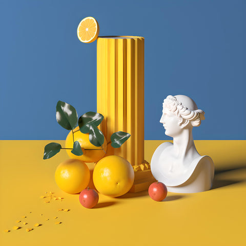 An elegant minimalist 3D render of a Greek-style statue seated next to a vibrant bunch of fruit. This trending artwork from 2019 showcases a stunning blend of yellow hues and Roman influences. The composition features a detailed and ultra-realistic portrayal of IU, embodying a pop Japonisme aesthetic. The statue is placed against a pillar, creating a beautiful artwork illustration that captivates with its intricate design.