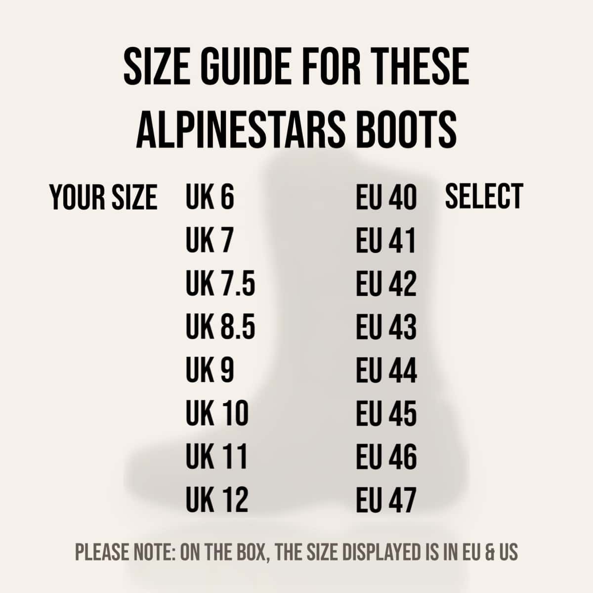 Alpinestars Web Gore-Tex Motorcycle Boots Size Guide