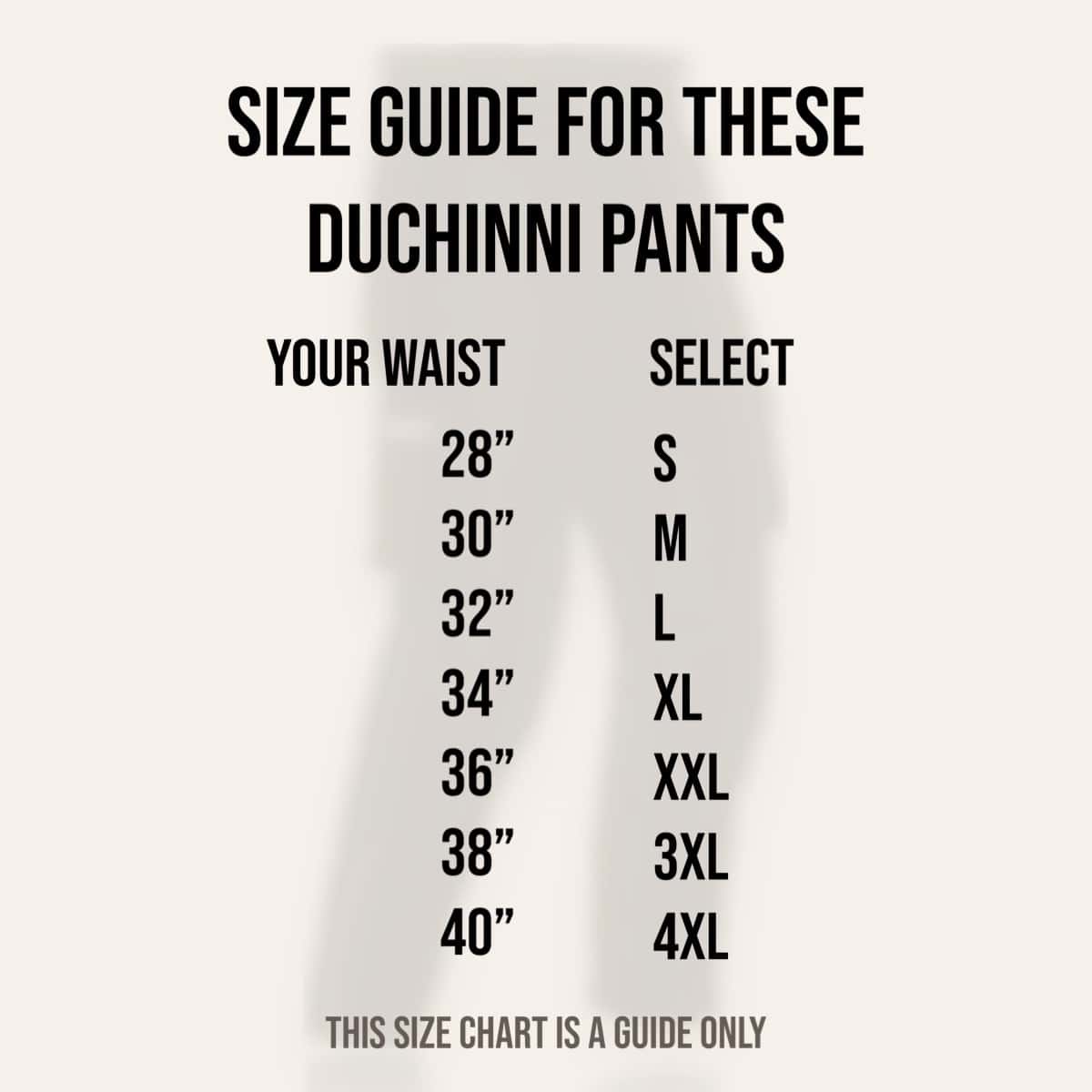 Duchinni Pacific waterproof textile trousers size guide