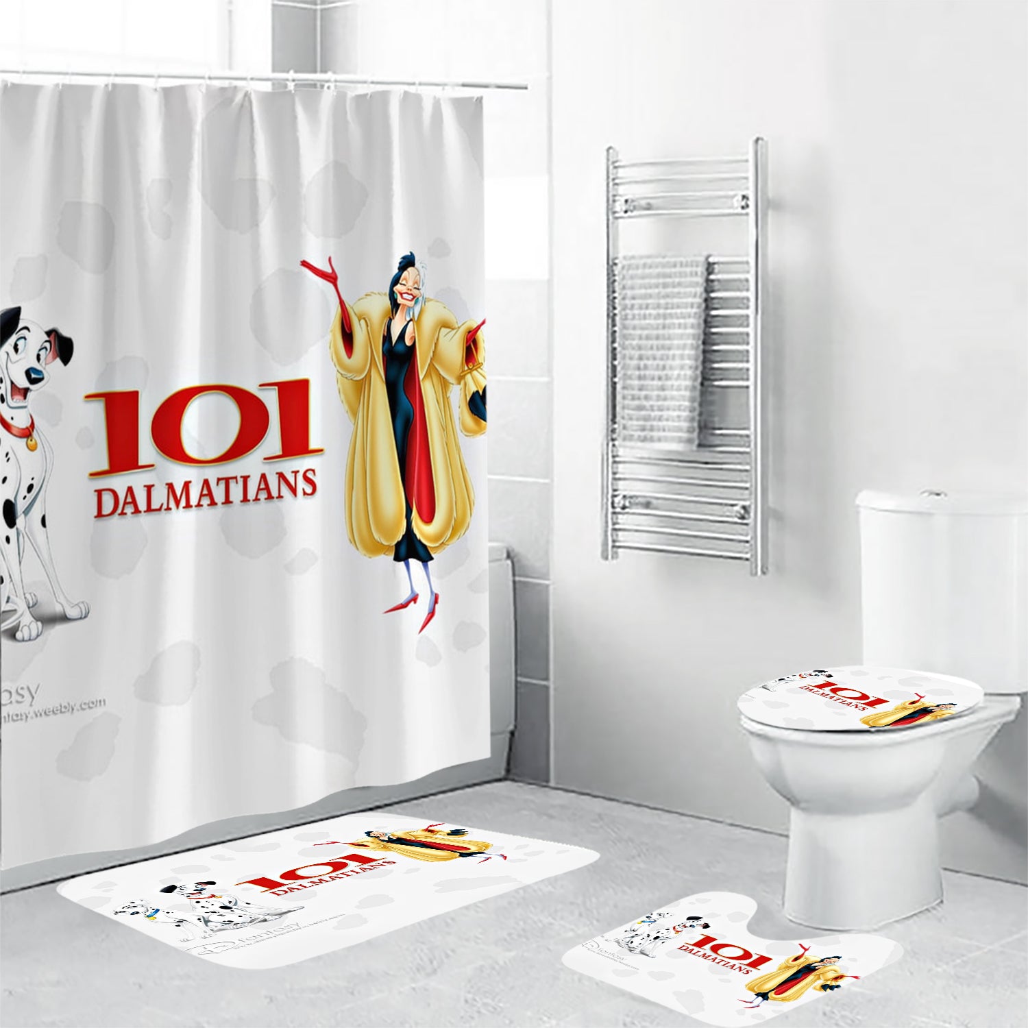 101 Dalmatians Poster 3 4PCS Shower Curtain Non-Slip Toilet Lid Cover Bath Mat - Bathroom Set Fans Gifts