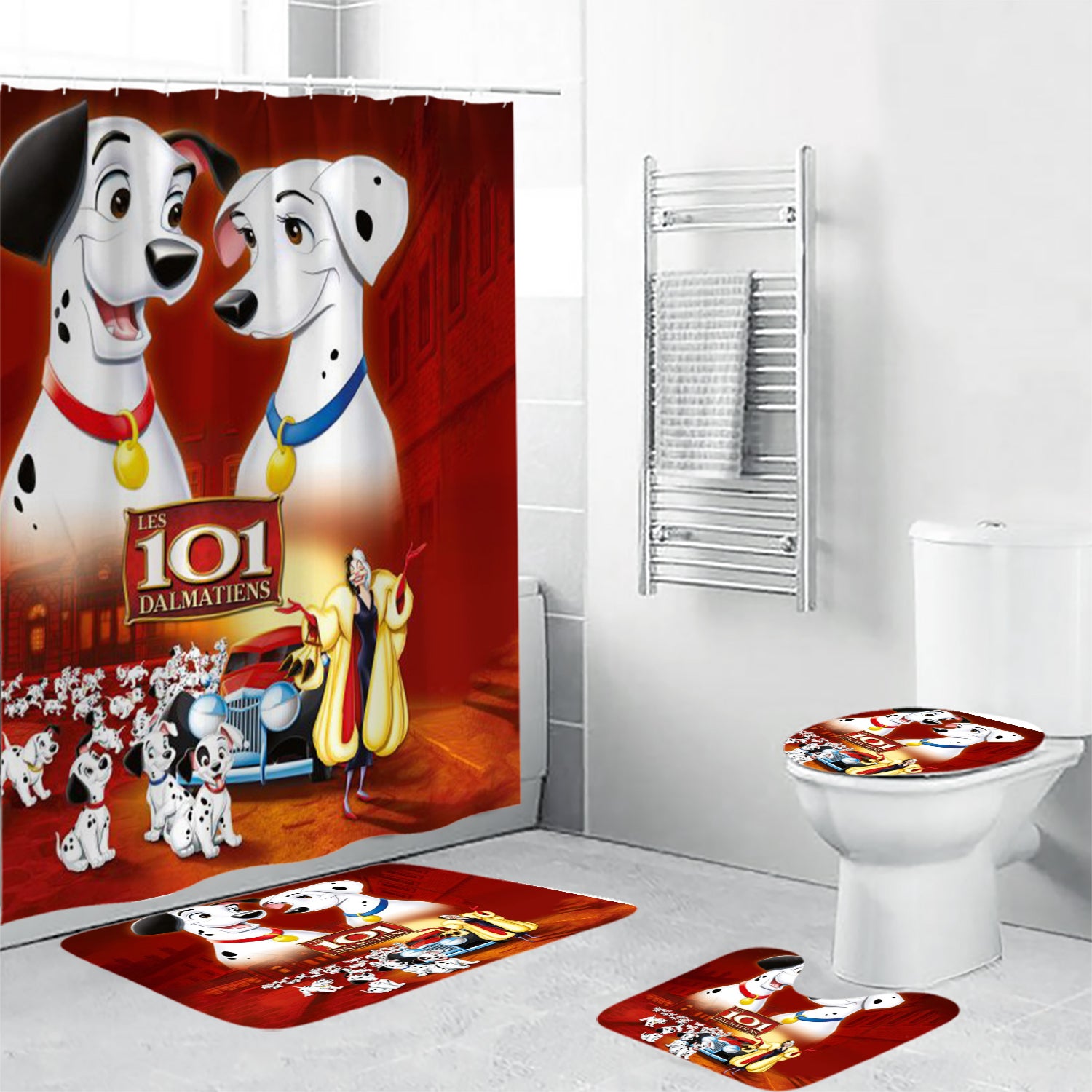101 Dalmatians Poster 4 4PCS Shower Curtain Non-Slip Toilet Lid Cover Bath Mat - Bathroom Set Fans Gifts
