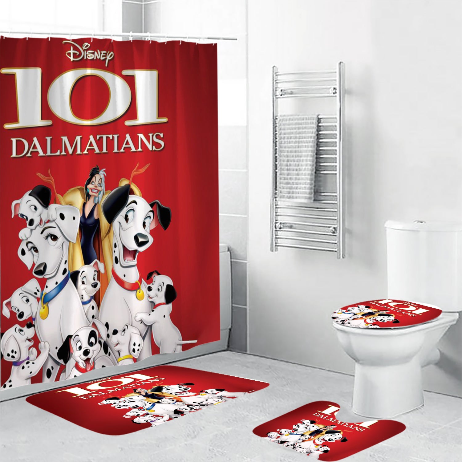 101 Dalmatians Poster 5 4PCS Shower Curtain Non-Slip Toilet Lid Cover Bath Mat - Bathroom Set Fans Gifts