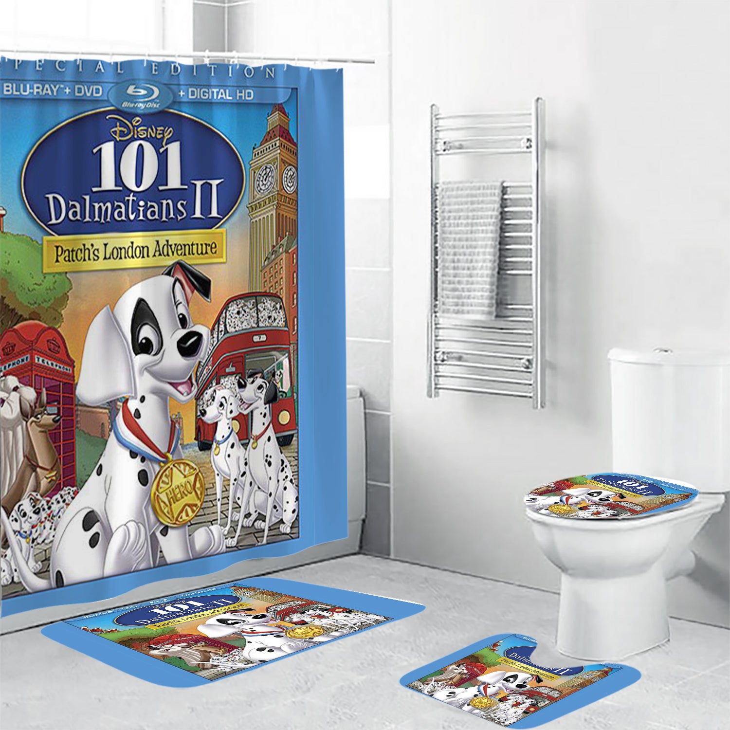 101 Dalmatians Poster 6 4PCS Shower Curtain Non-Slip Toilet Lid Cover Bath Mat - Bathroom Set Fans Gifts