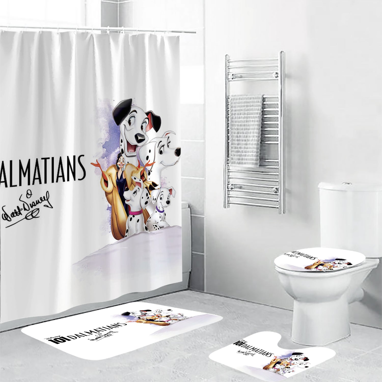 101 Dalmatians Poster 7 4PCS Shower Curtain Non-Slip Toilet Lid Cover Bath Mat - Bathroom Set Fans Gifts
