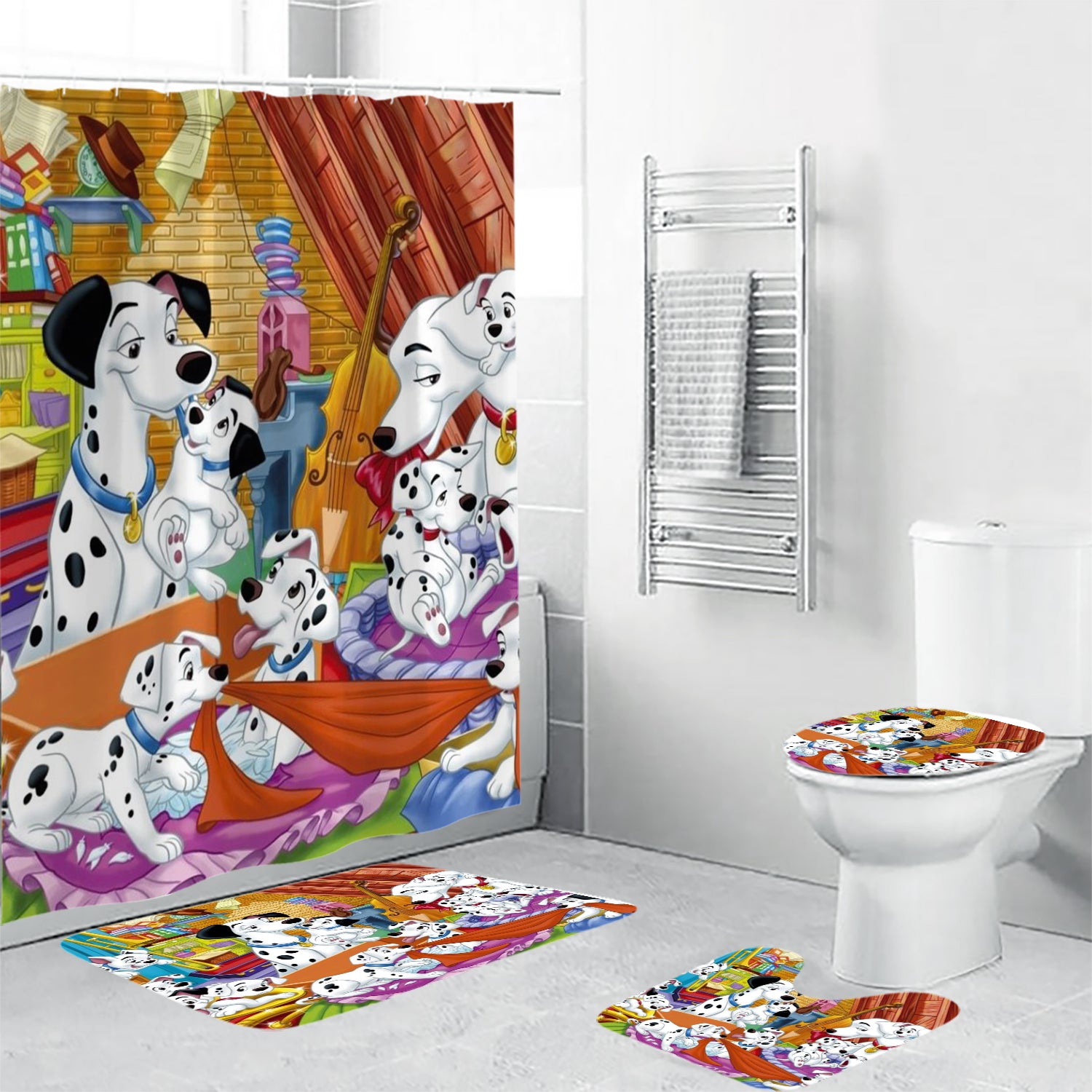 101 Dalmatians Poster 8 4PCS Shower Curtain Non-Slip Toilet Lid Cover Bath Mat - Bathroom Set Fans Gifts