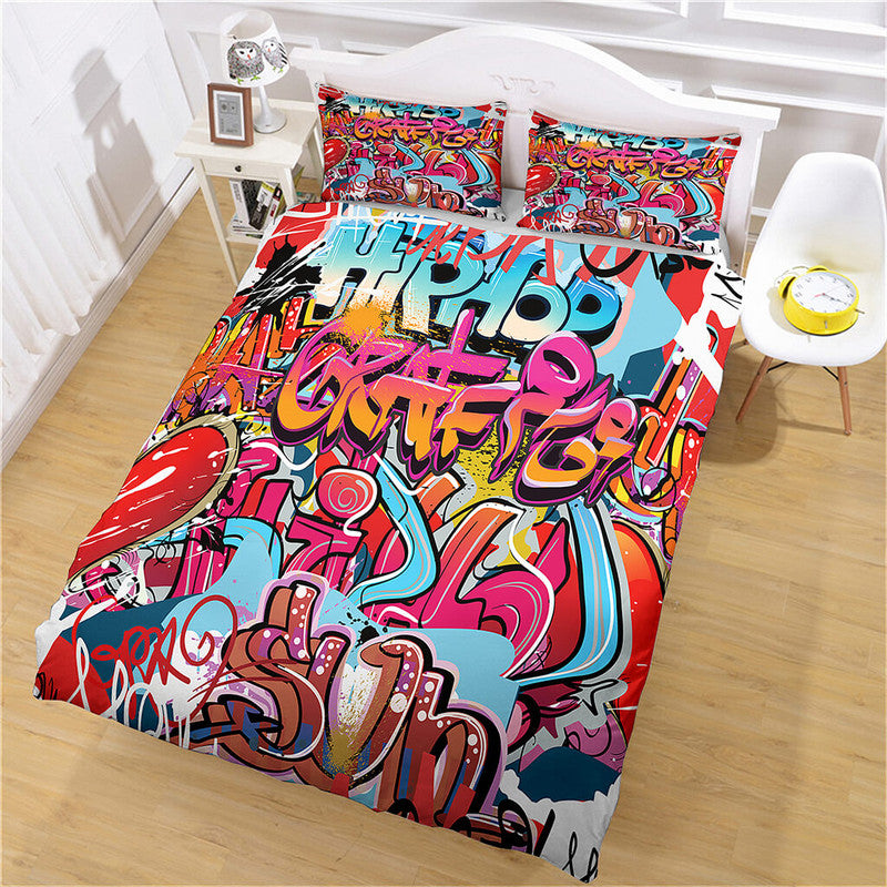 3D Cafe Hip Hop Street Graffiti Bedding Set Quilt Duvet Cover Bed Sheet Sets_5007