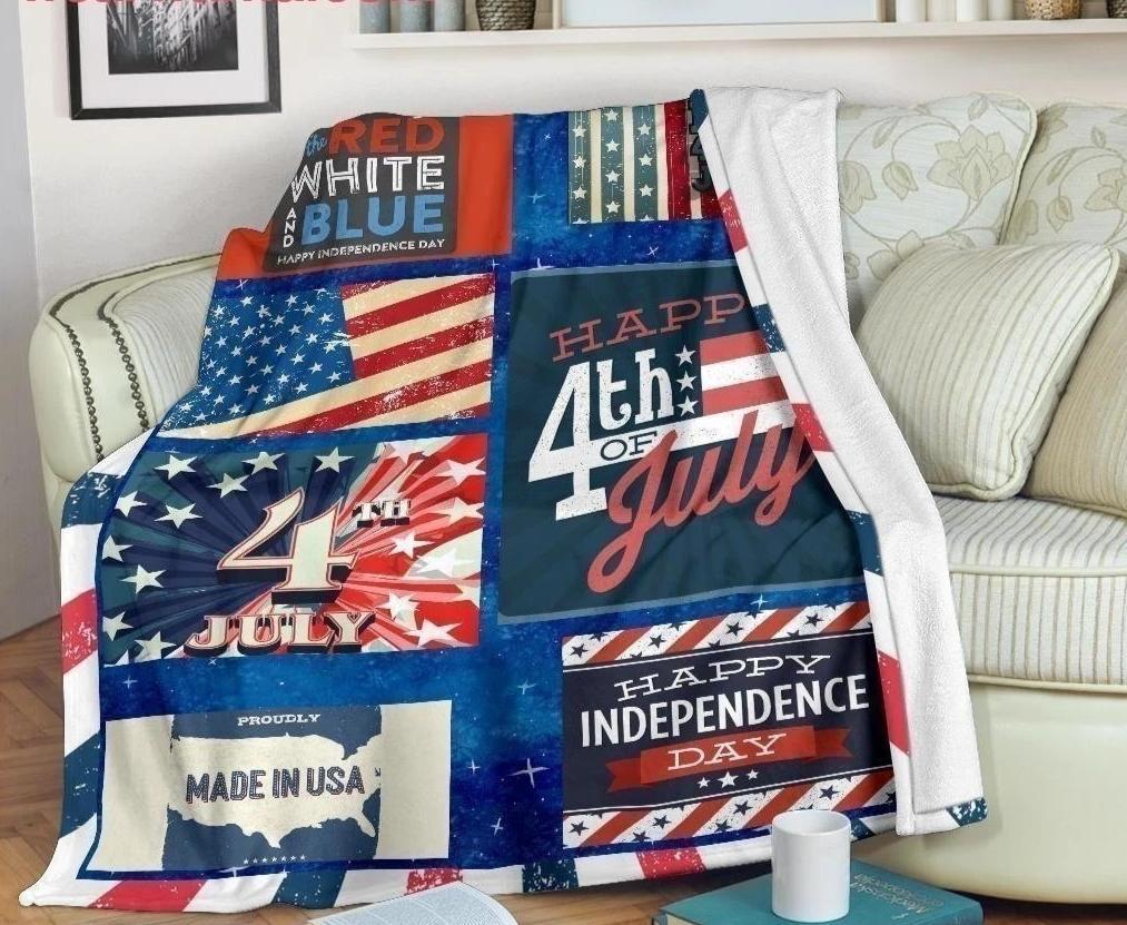 4th Of July 3D Fleece Blanket Happy Independence Day White Blue Red 3D Fleece Blanket 2453