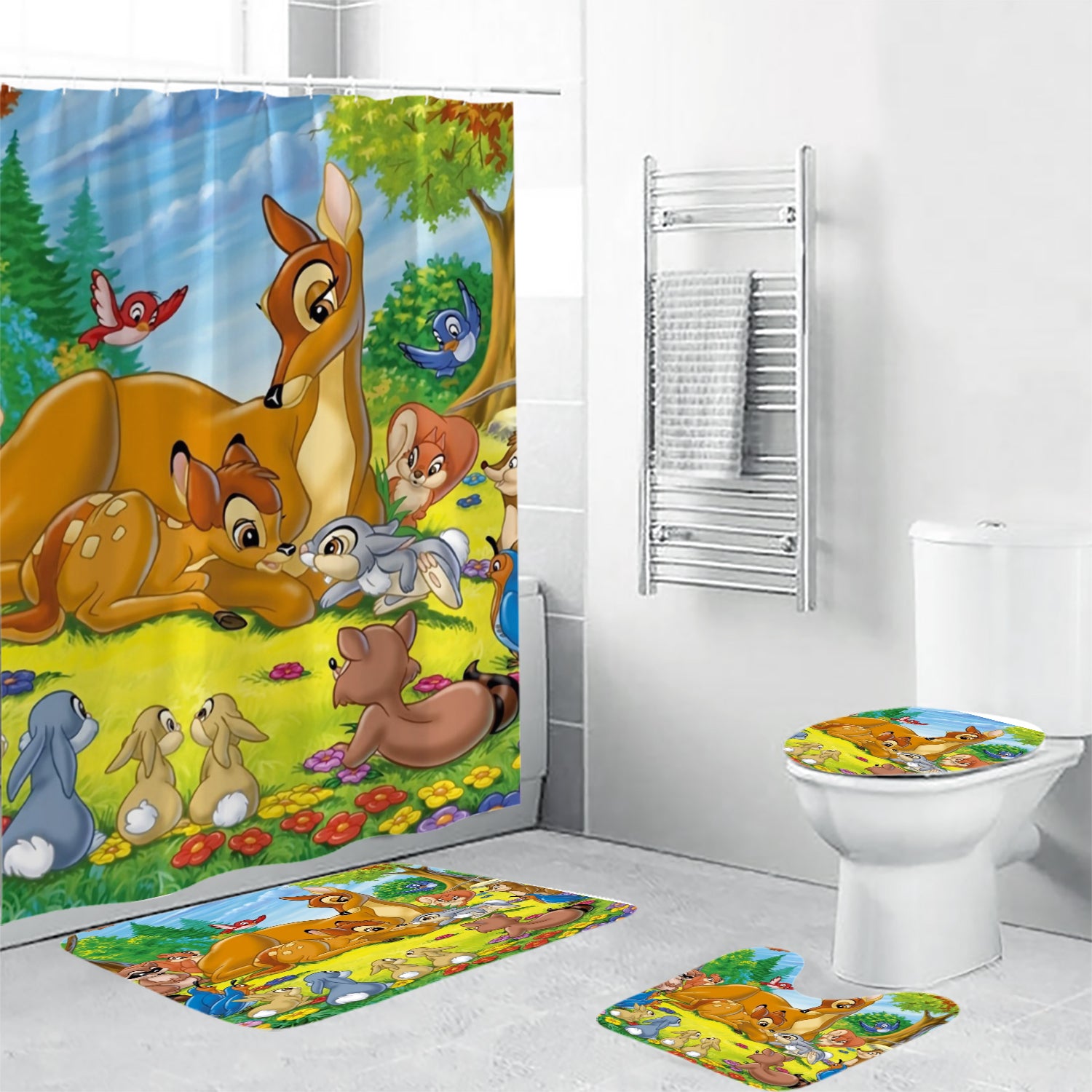 Bambi Poster 10 4PCS Shower Curtain Non-Slip Toilet Lid Cover Bath Mat - Bathroom Set Fans Gifts