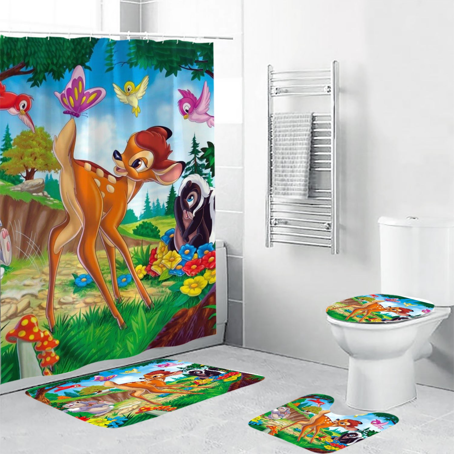 Bambi Poster 5 4PCS Shower Curtain Non-Slip Toilet Lid Cover Bath Mat - Bathroom Set Fans Gifts
