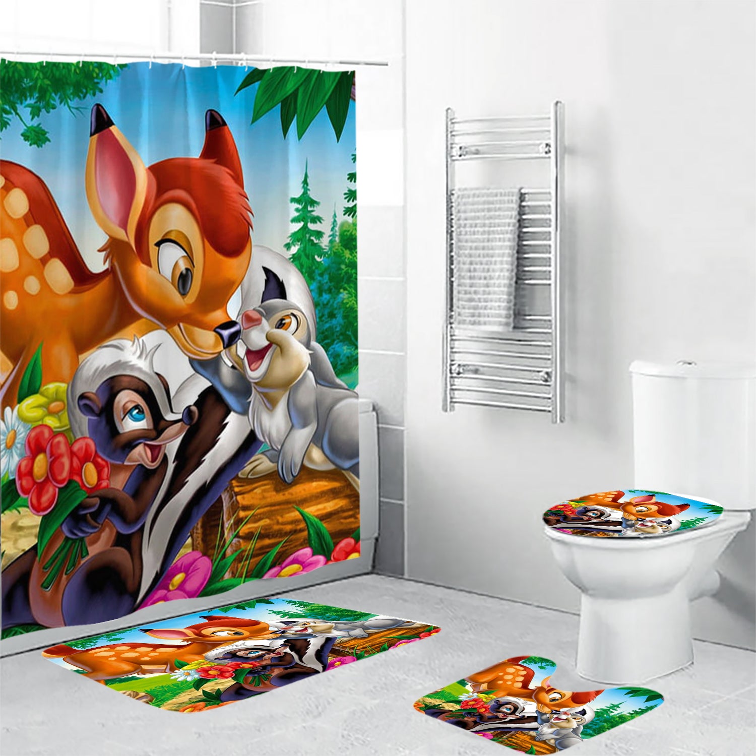 Bambi Poster 6 4PCS Shower Curtain Non-Slip Toilet Lid Cover Bath Mat - Bathroom Set Fans Gifts