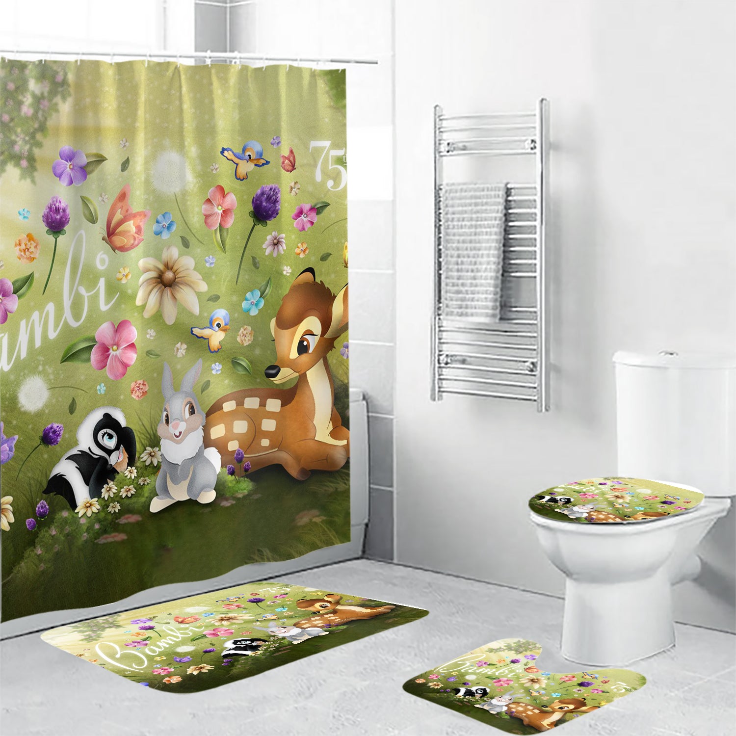 Bambi Poster 7 4PCS Shower Curtain Non-Slip Toilet Lid Cover Bath Mat - Bathroom Set Fans Gifts