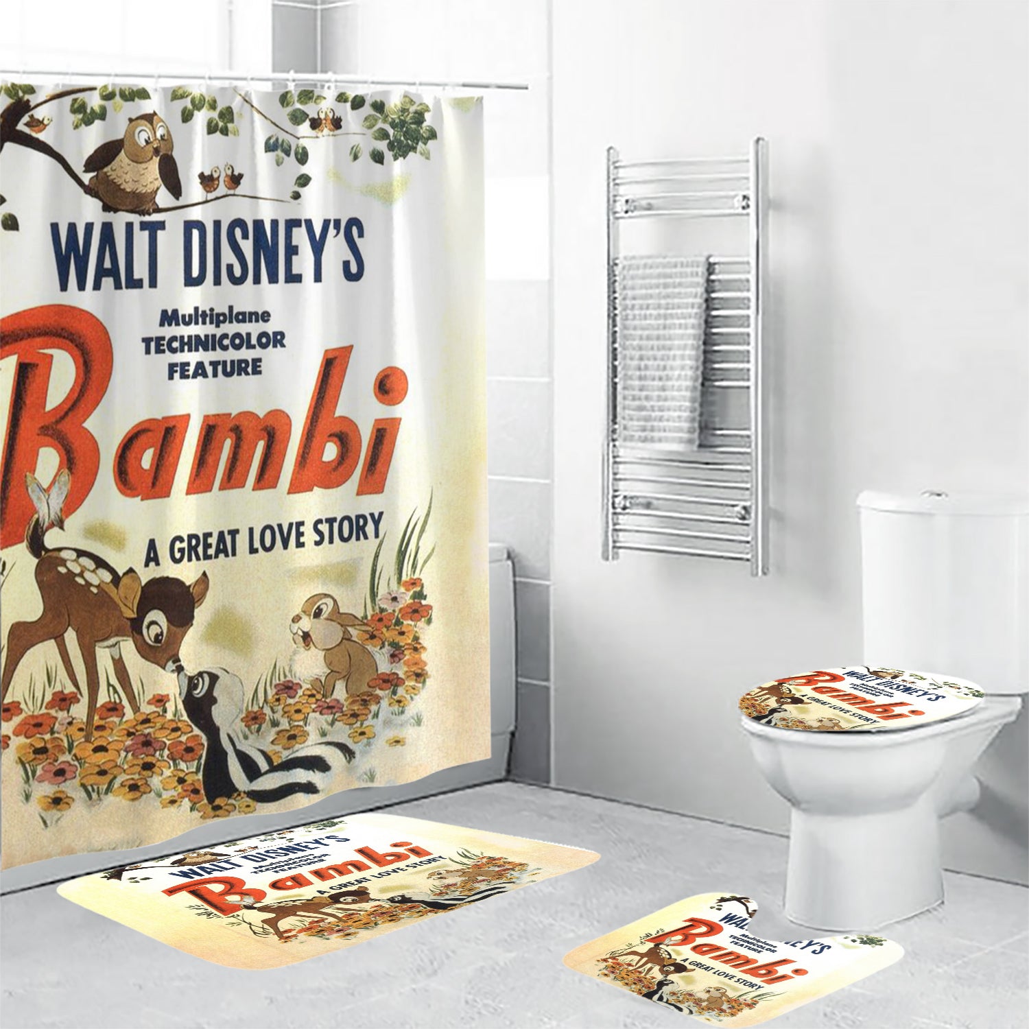 Bambi Poster 8 4PCS Shower Curtain Non-Slip Toilet Lid Cover Bath Mat - Bathroom Set Fans Gifts