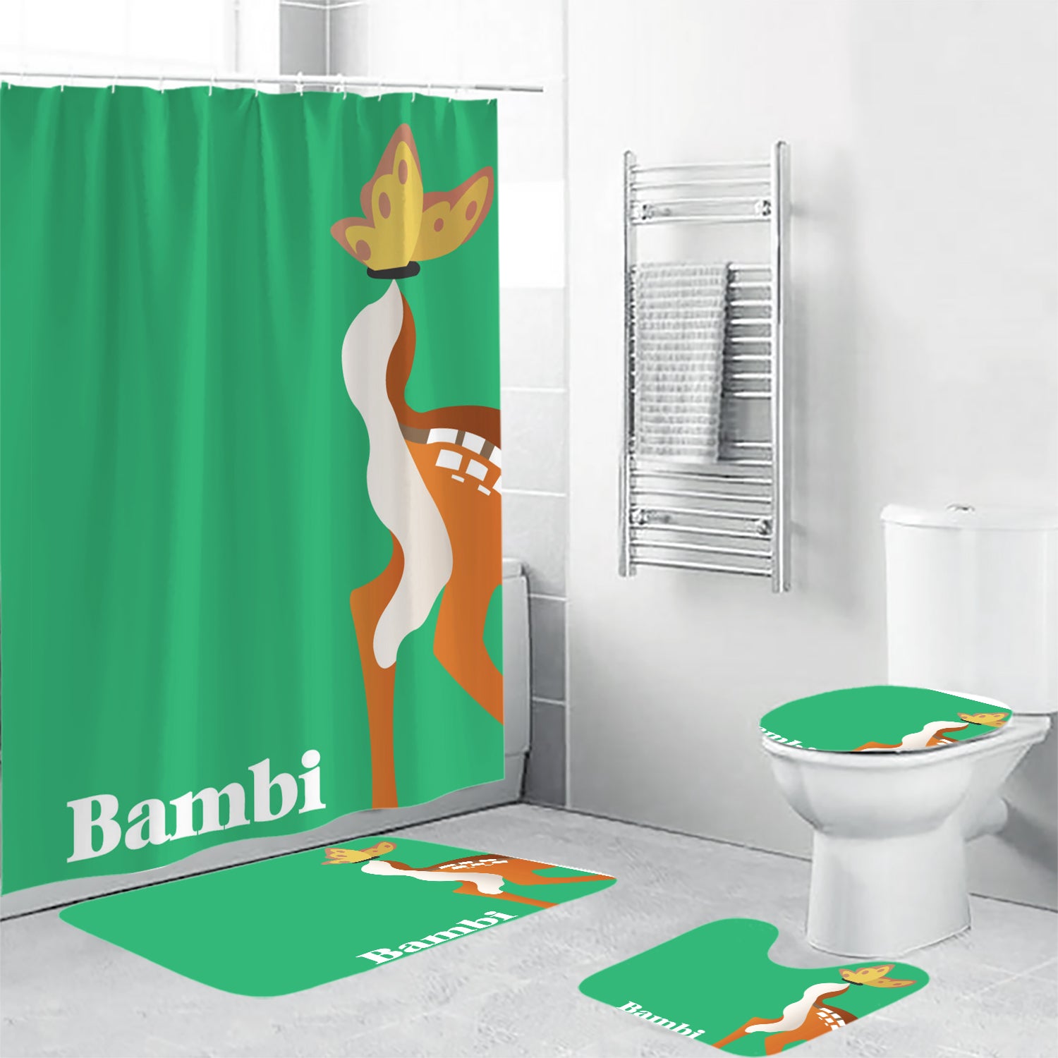 Bambi Poster 9 4PCS Shower Curtain Non-Slip Toilet Lid Cover Bath Mat - Bathroom Set Fans Gifts