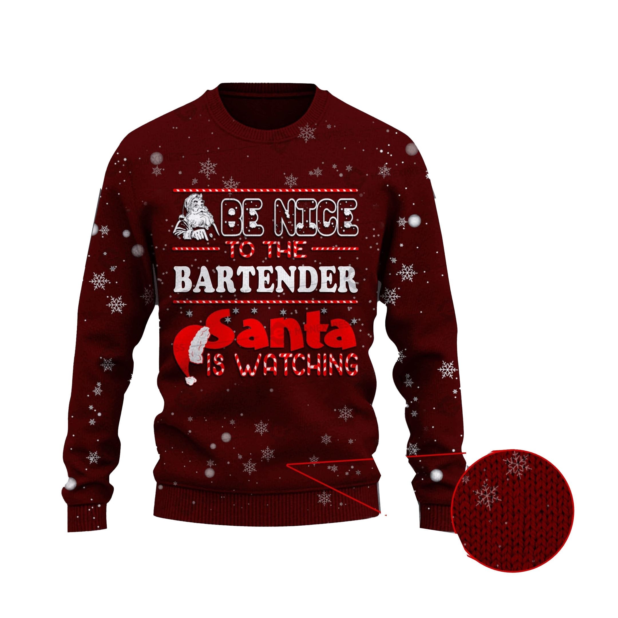 Bartender Christmas Ugly Sweater Be Nice To The Bartender Santa Is Watching Red Sweater 4028