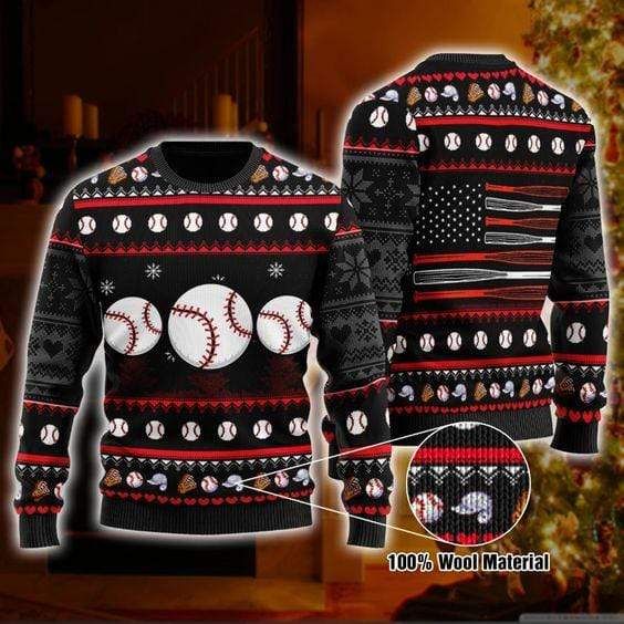 Baseball Ugly Christmas Sweater Baseball Ball Hat Gloves Black Sweater 1709