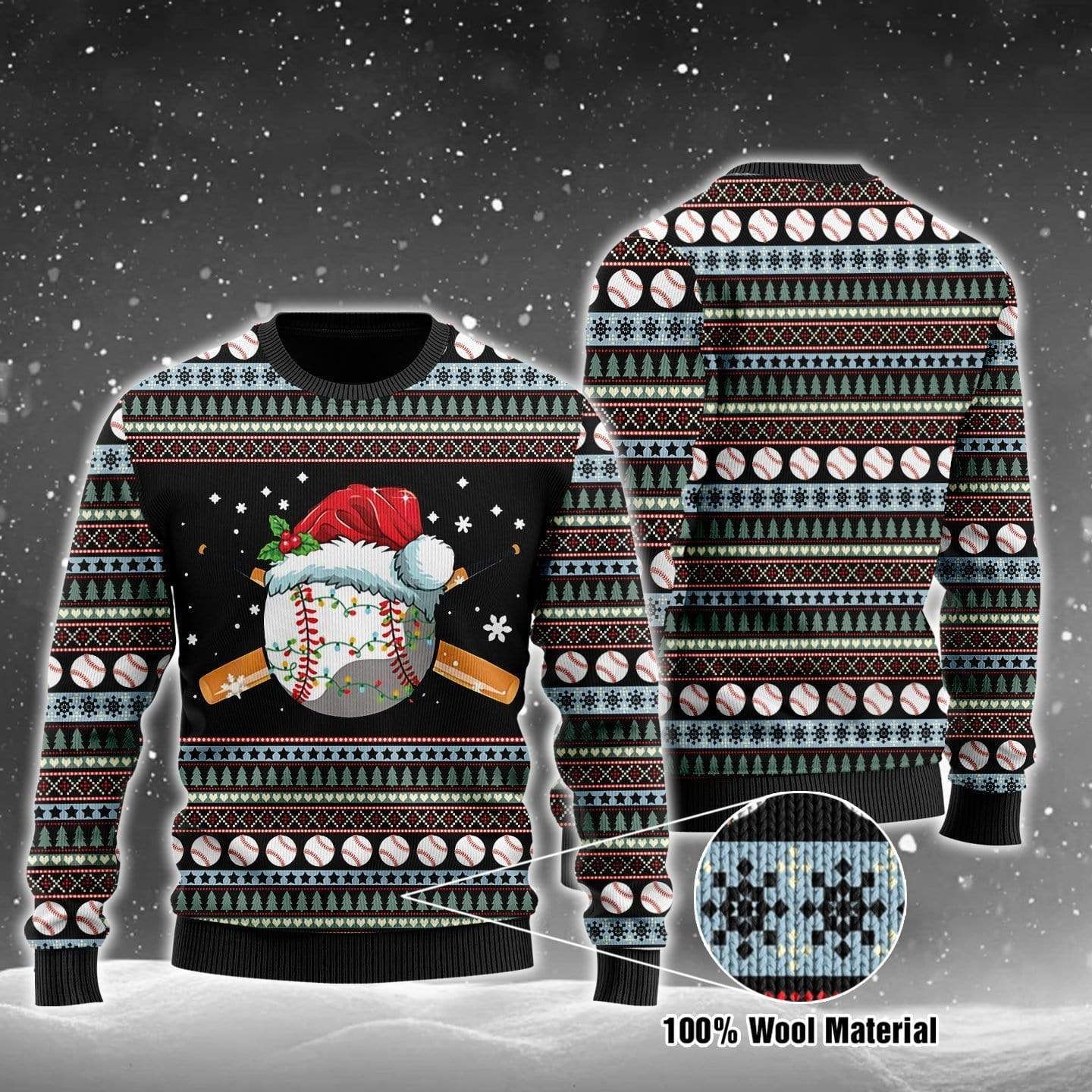 Baseball Ugly Christmas Sweater Baseball Ball Pattern Black Sweater 7284