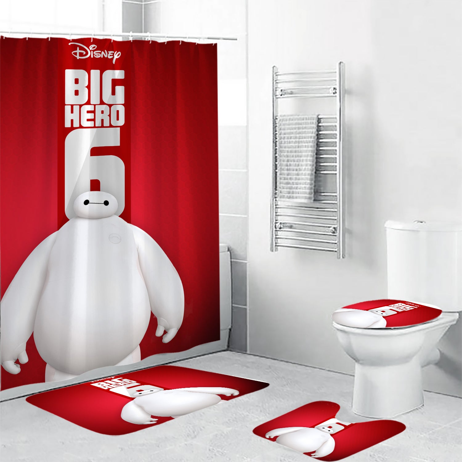 Big Hero 6 Poster 10 Waterproof Shower Curtain Non-Slip Toilet Lid Cover Bath Mat - Bathroom Set