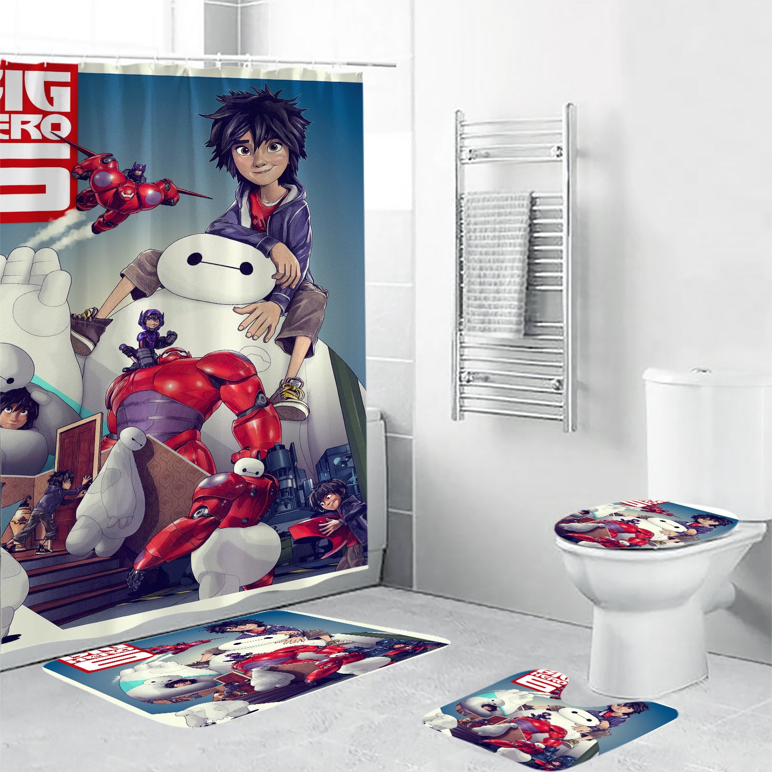Big Hero 6 Poster 1 Waterproof Shower Curtain Non-Slip Toilet Lid Cover Bath Mat - Bathroom Set