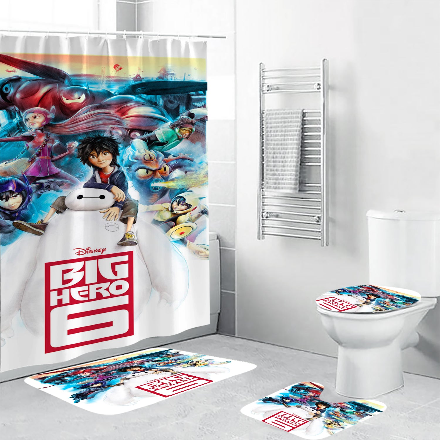 Big Hero 6 Poster 2 Waterproof Shower Curtain Non-Slip Toilet Lid Cover Bath Mat - Bathroom Set