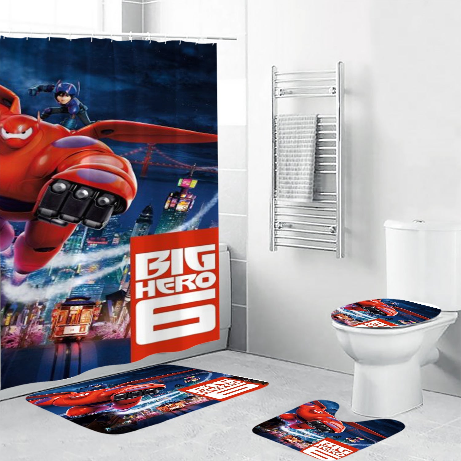 Big Hero 6 Poster 3 Waterproof Shower Curtain Non-Slip Toilet Lid Cover Bath Mat - Bathroom Set