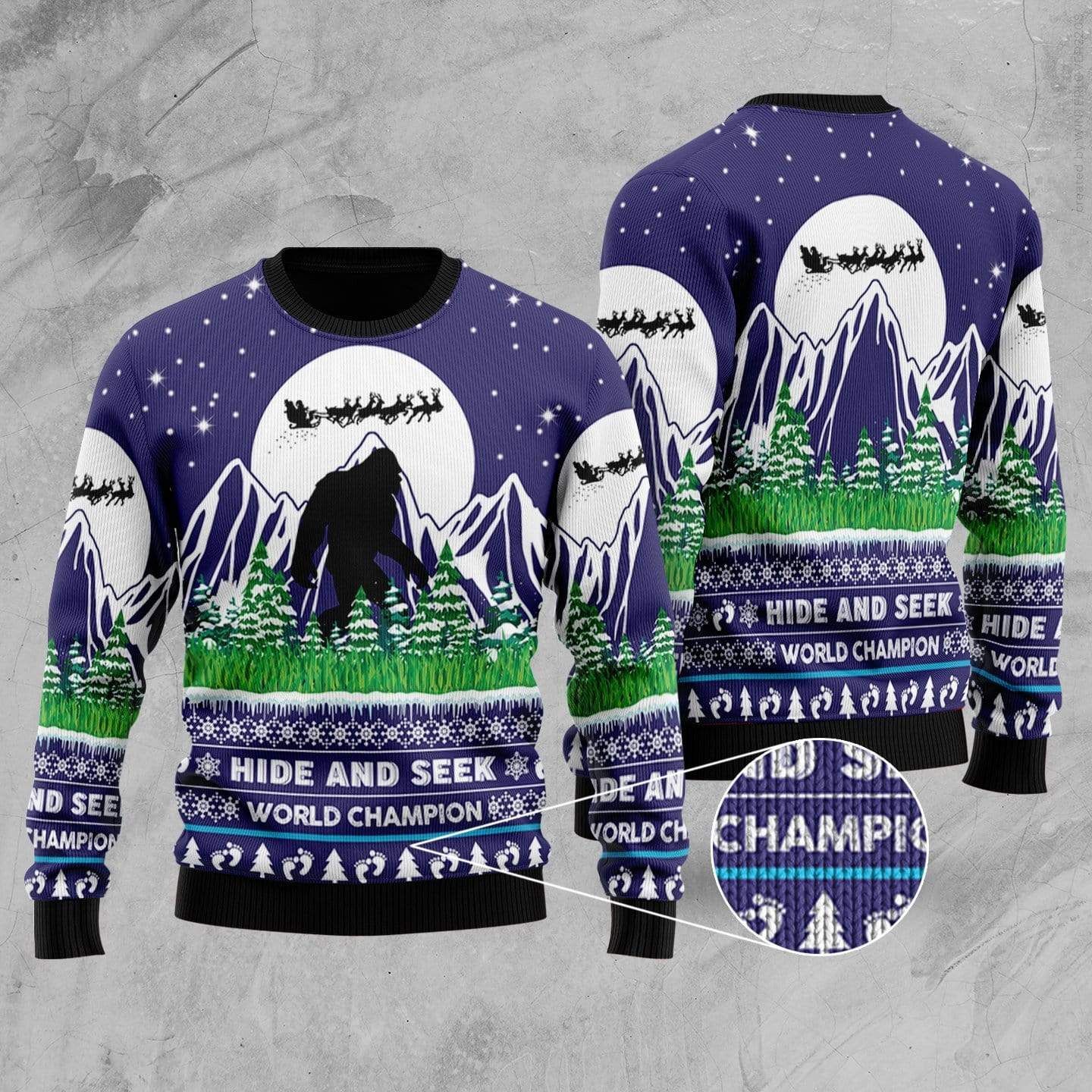 Bigfoot Ugly Christmas Sweater Bigfoot Hide And Seek World Champion Blue Sweater 4424