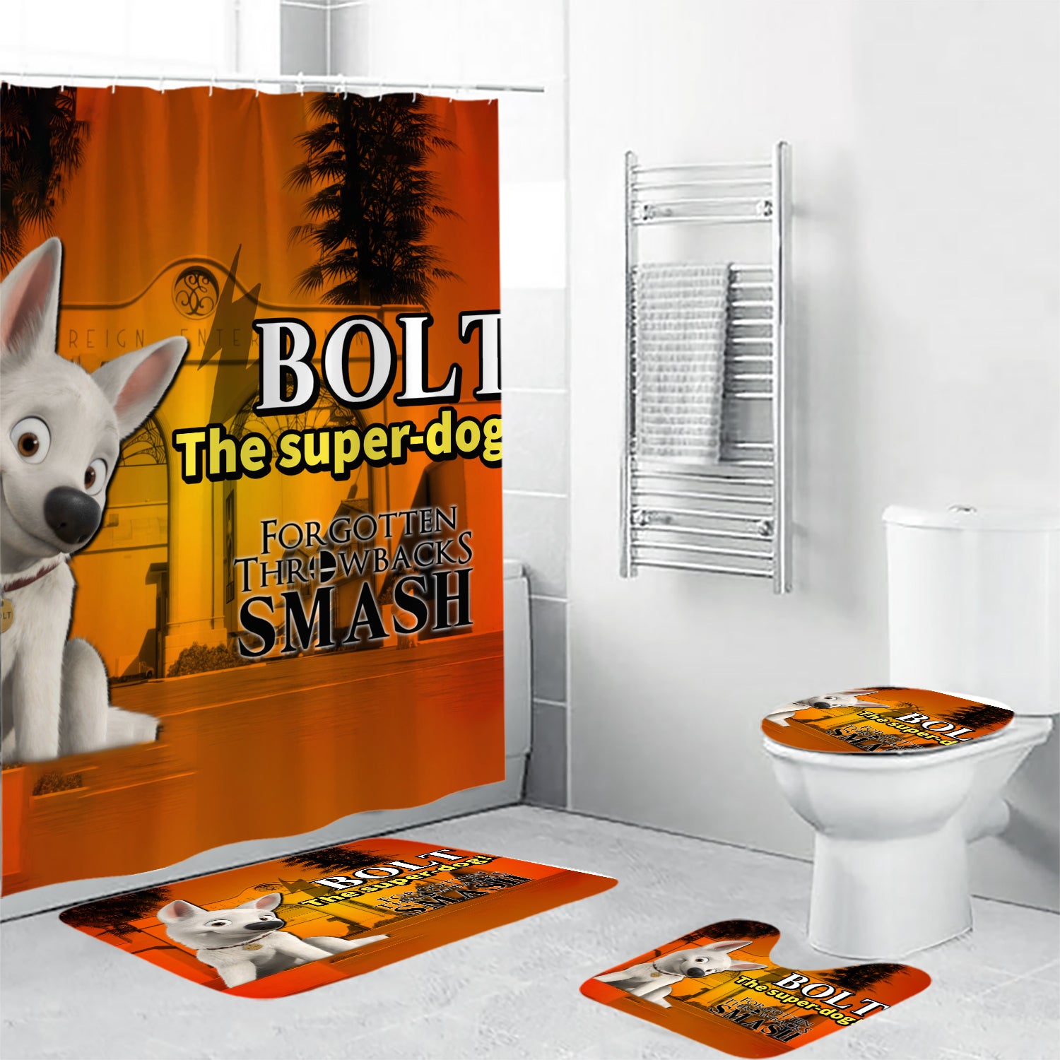 Bolt Poster 7 4PCS Shower Curtain Non-Slip Toilet Lid Cover Bath Mat - Bathroom Set Fans Gifts