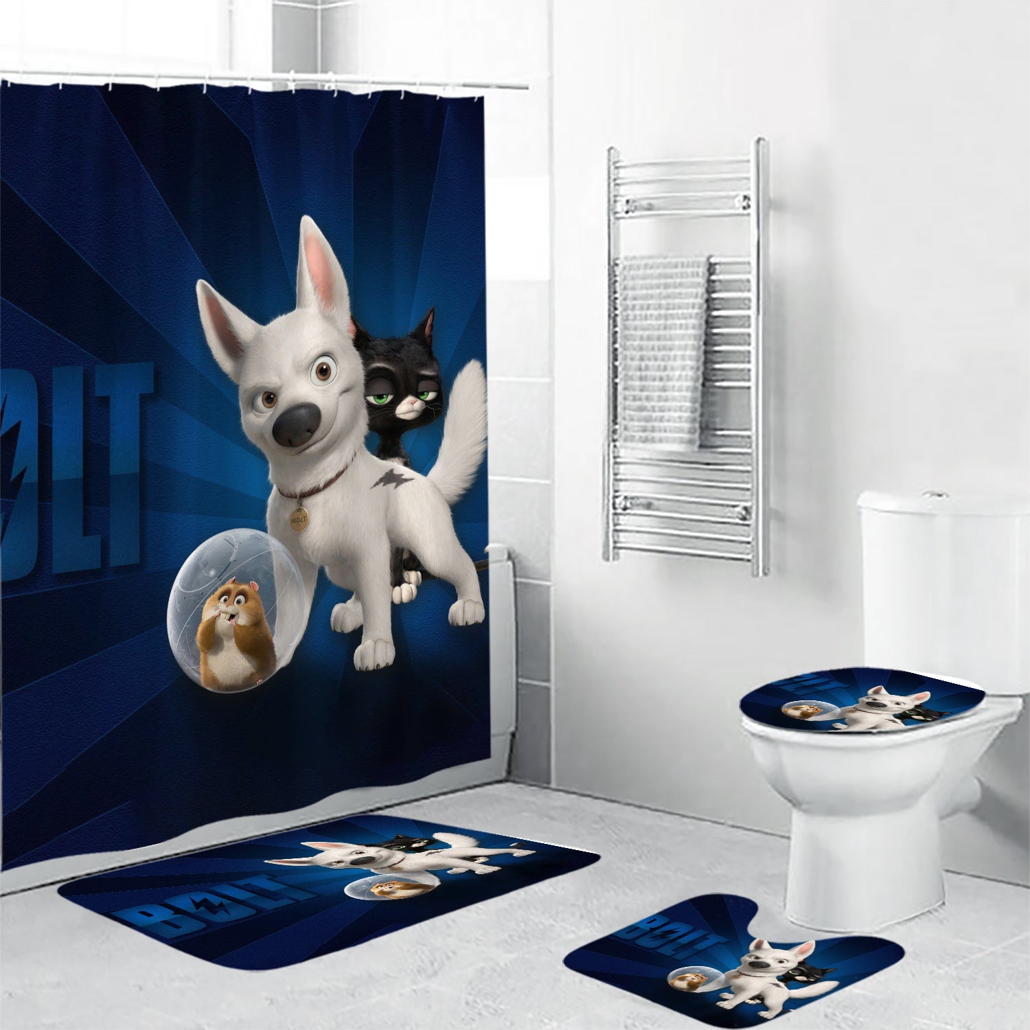 Bolt Poster 8 4PCS Shower Curtain Non-Slip Toilet Lid Cover Bath Mat - Bathroom Set Fans Gifts