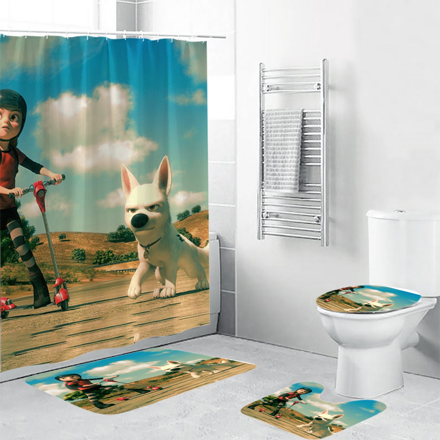 Bolt Poster 9 4PCS Shower Curtain Non-Slip Toilet Lid Cover Bath Mat - Bathroom Set Fans Gifts