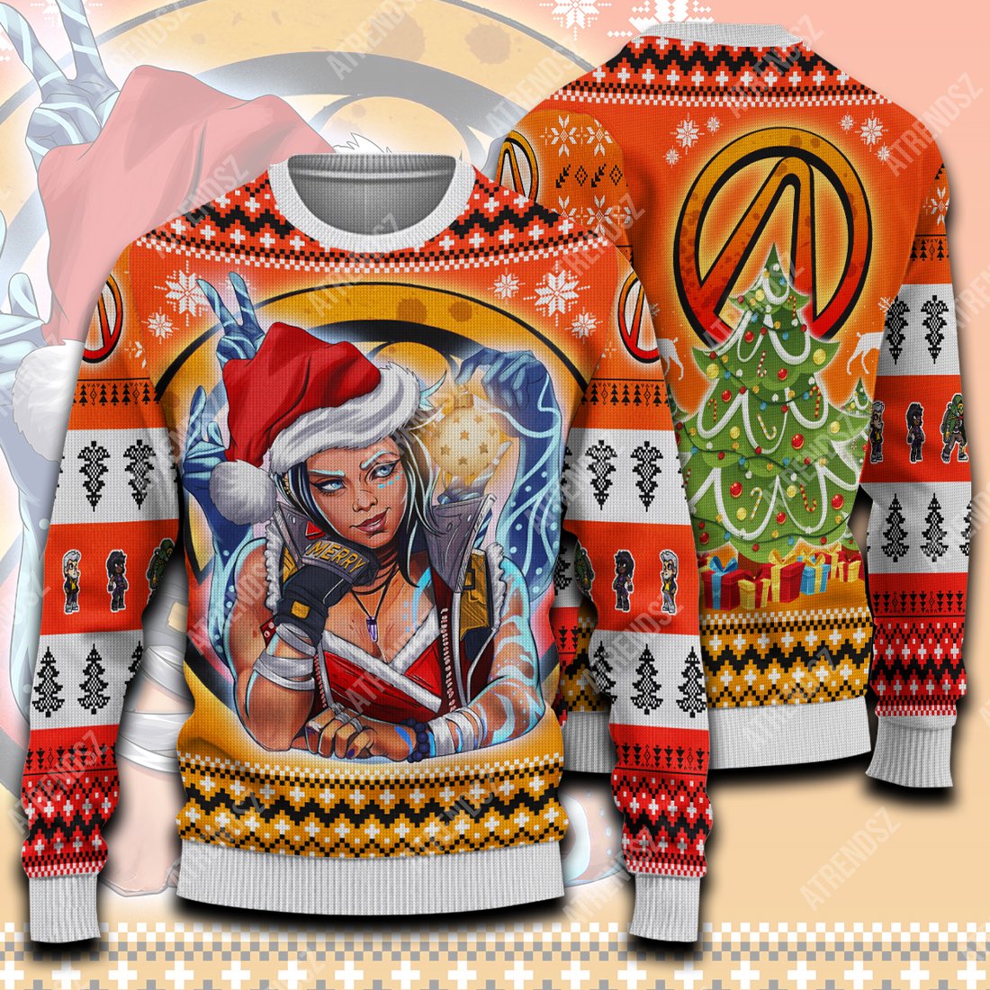 Borderlands Sweater Amara Christmas Ugly Sweater Orange Full Print Colorful 2889