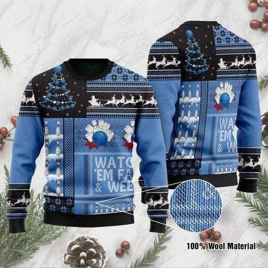 Bowling Ugly Christmas Sweater Watch Em Fall And Weep Blue Sweater 3393