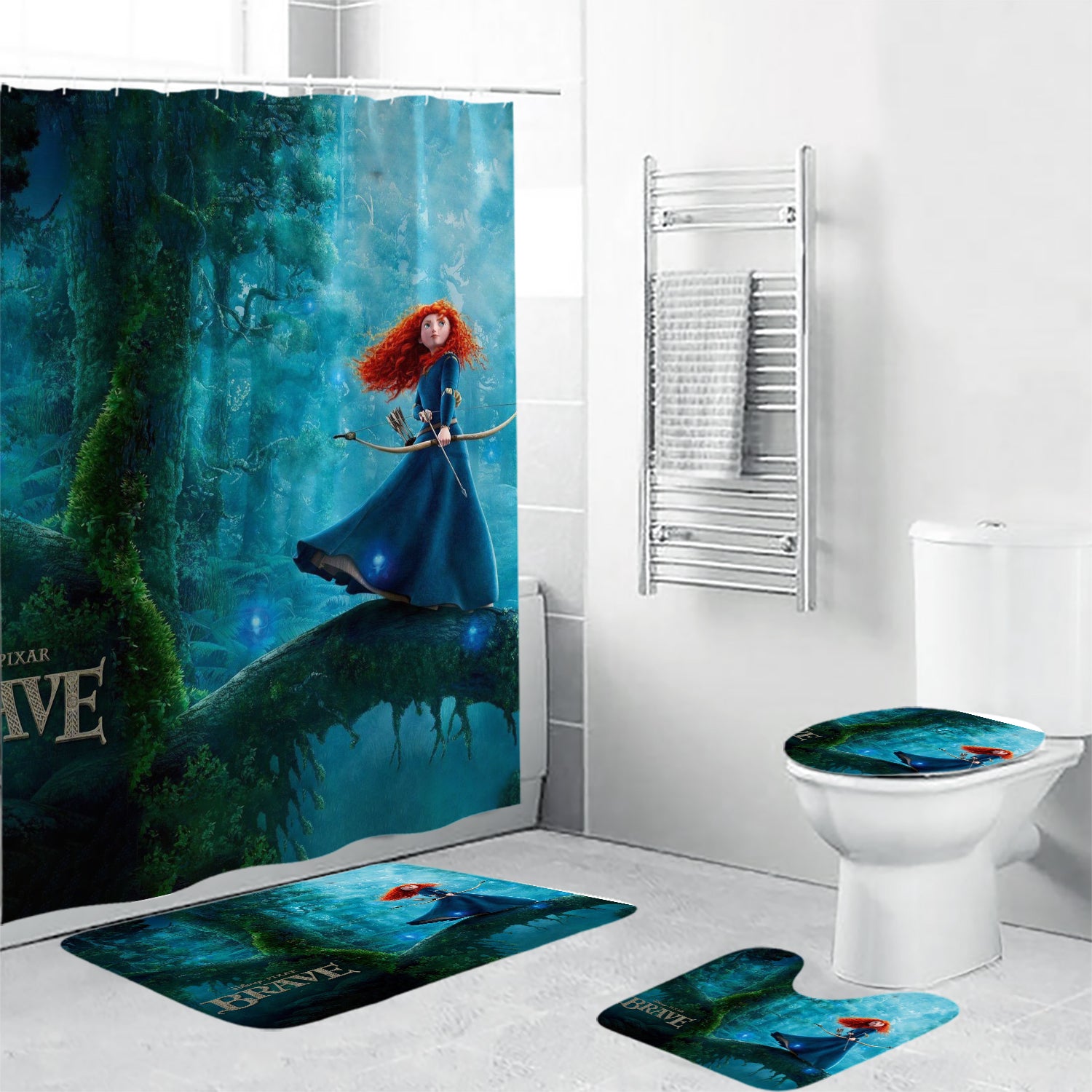 Brave Poster 2 4PCS Shower Curtain Non-Slip Toilet Lid Cover Bath Mat - Bathroom Set Fans Gifts