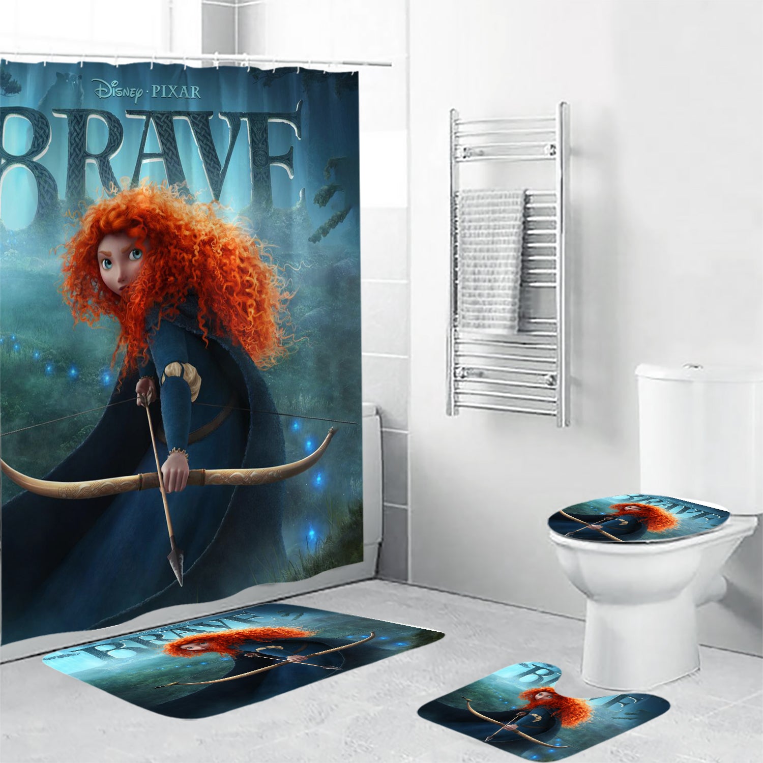 Brave Poster 3 4PCS Shower Curtain Non-Slip Toilet Lid Cover Bath Mat - Bathroom Set Fans Gifts