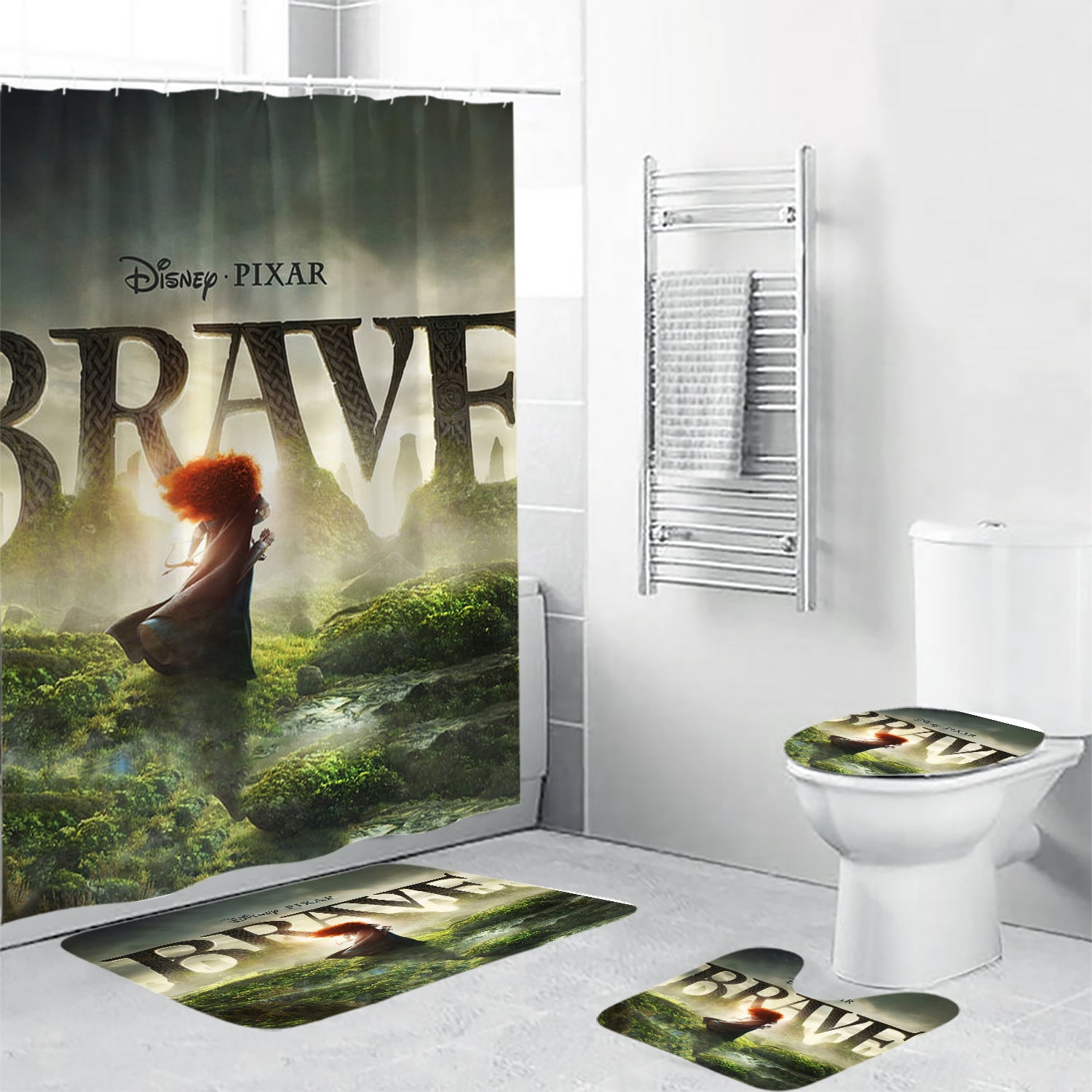 Brave Poster 4 4PCS Shower Curtain Non-Slip Toilet Lid Cover Bath Mat - Bathroom Set Fans Gifts