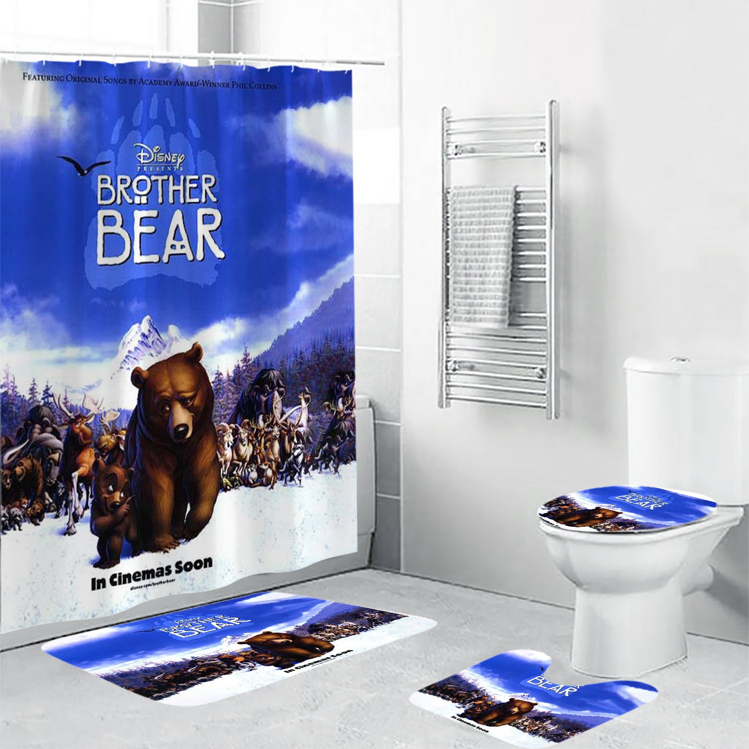 Brother Bear Poster 1 4PCS Shower Curtain Non-Slip Toilet Lid Cover Bath Mat - Bathroom Set Fans Gifts