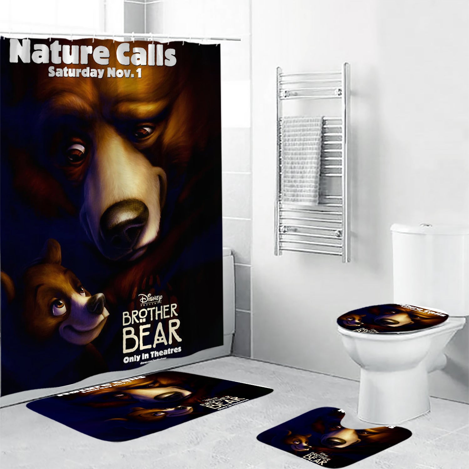 Brother Bear Poster 2 4PCS Shower Curtain Non-Slip Toilet Lid Cover Bath Mat - Bathroom Set Fans Gifts