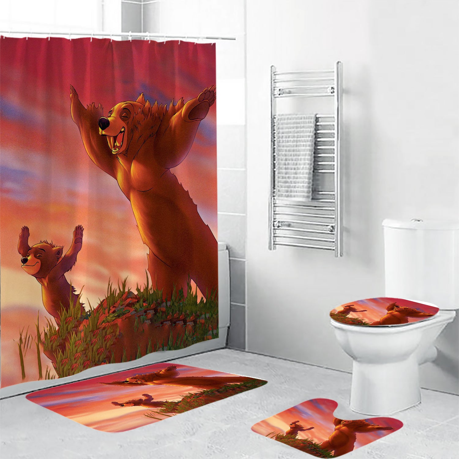 Brother Bear Poster 3 4PCS Shower Curtain Non-Slip Toilet Lid Cover Bath Mat - Bathroom Set Fans Gifts
