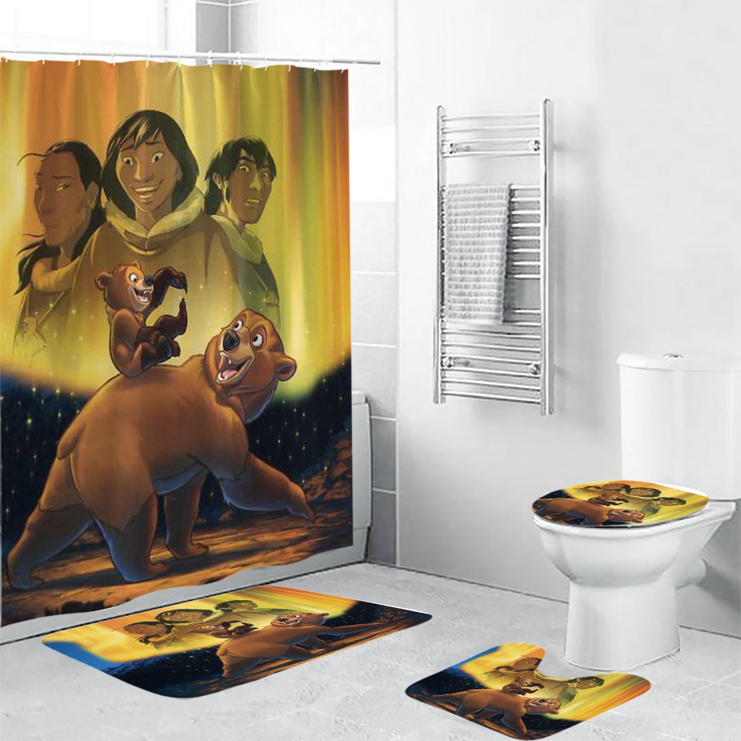 Brother Bear Poster 4 4PCS Shower Curtain Non-Slip Toilet Lid Cover Bath Mat - Bathroom Set Fans Gifts