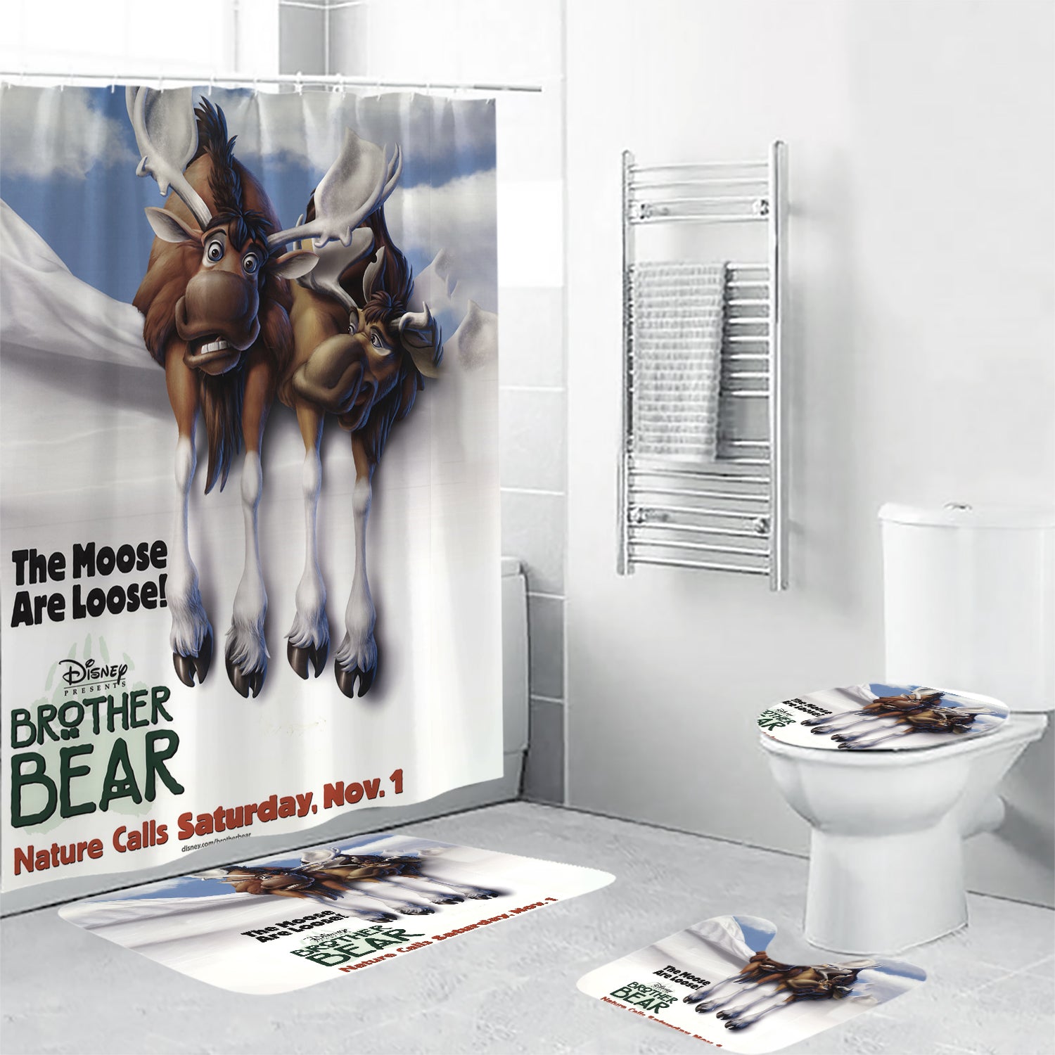 Brother Bear Poster 5 4PCS Shower Curtain Non-Slip Toilet Lid Cover Bath Mat - Bathroom Set Fans Gifts