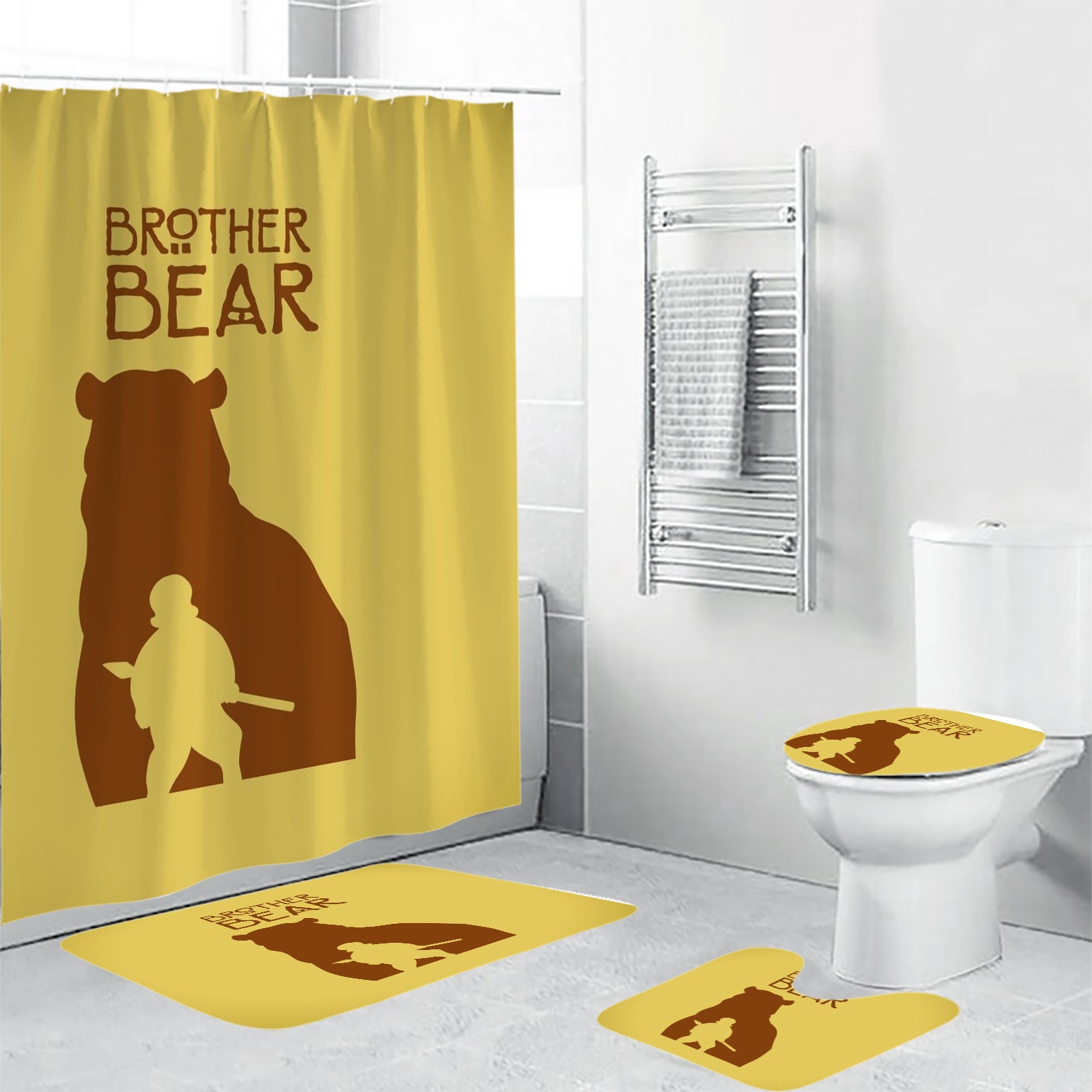 Brother Bear Poster 7 4PCS Shower Curtain Non-Slip Toilet Lid Cover Bath Mat - Bathroom Set Fans Gifts