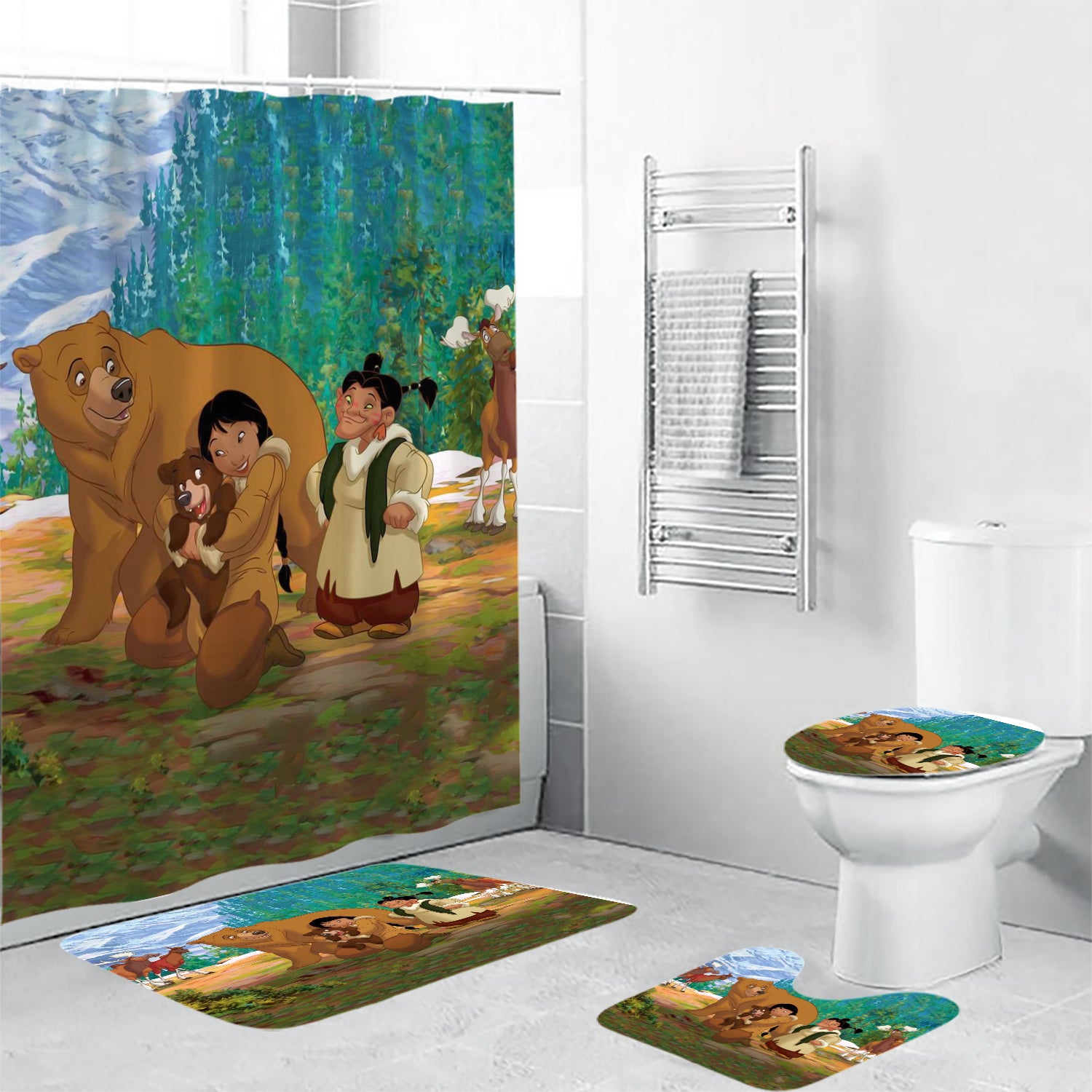 Brother Bear Poster 9 4PCS Shower Curtain Non-Slip Toilet Lid Cover Bath Mat - Bathroom Set Fans Gifts